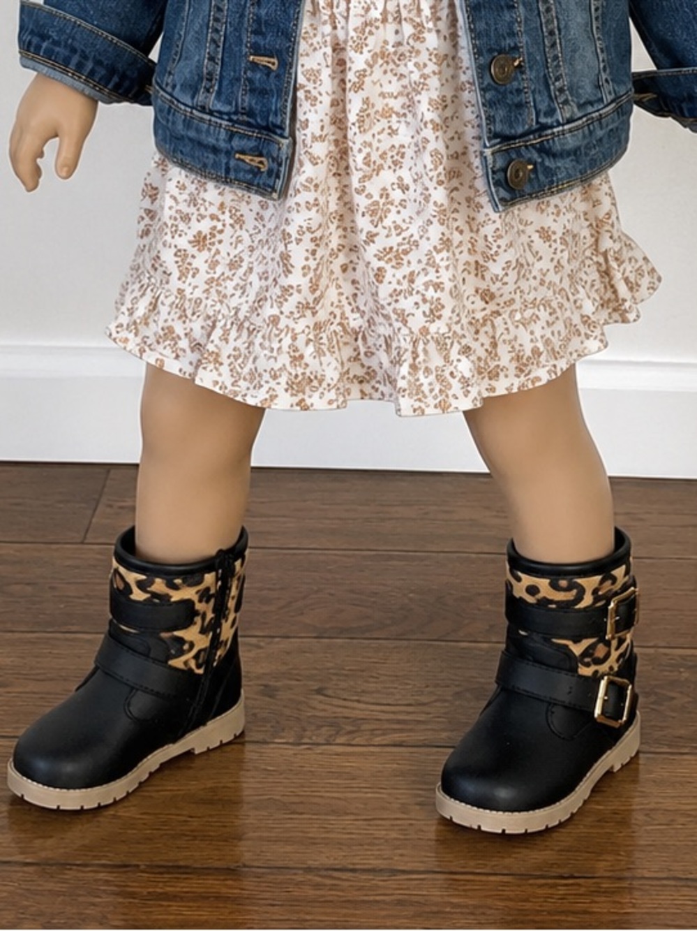 Little Girl’s Stylish Black Boots with Leopard Cuff
